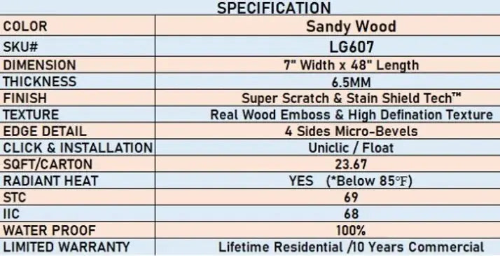 6.5mm SPC Plus - Sandy Wood - LVP Lago Flooring